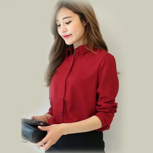 2017 spring new hot solid color lapel long sleeve shirts Plus Size shirt chiffon blouse shirt women's casual loose blouses EY8