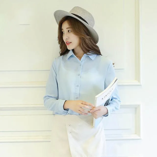 2017 spring new hot solid color lapel long sleeve shirts Plus Size shirt chiffon blouse shirt women's casual loose blouses EY8