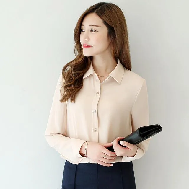 2017 spring new hot solid color lapel long sleeve shirts Plus Size shirt chiffon blouse shirt women's casual loose blouses EY8