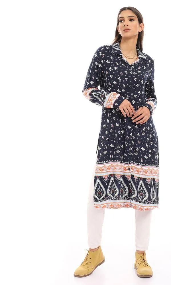 57922 Comfy Long Sleeves Floral Long Shirt - Navy Blue