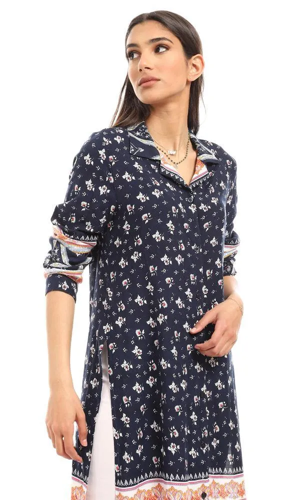 57922 Comfy Long Sleeves Floral Long Shirt - Navy Blue