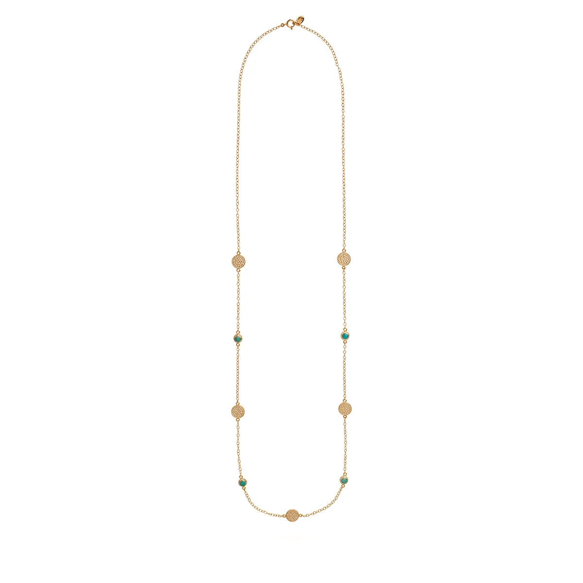 AB NK10085 Long multi disc necklace in gold, turquoise