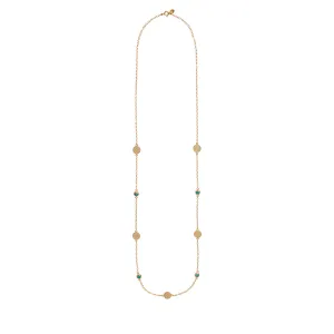 AB NK10085 Long multi disc necklace in gold, turquoise