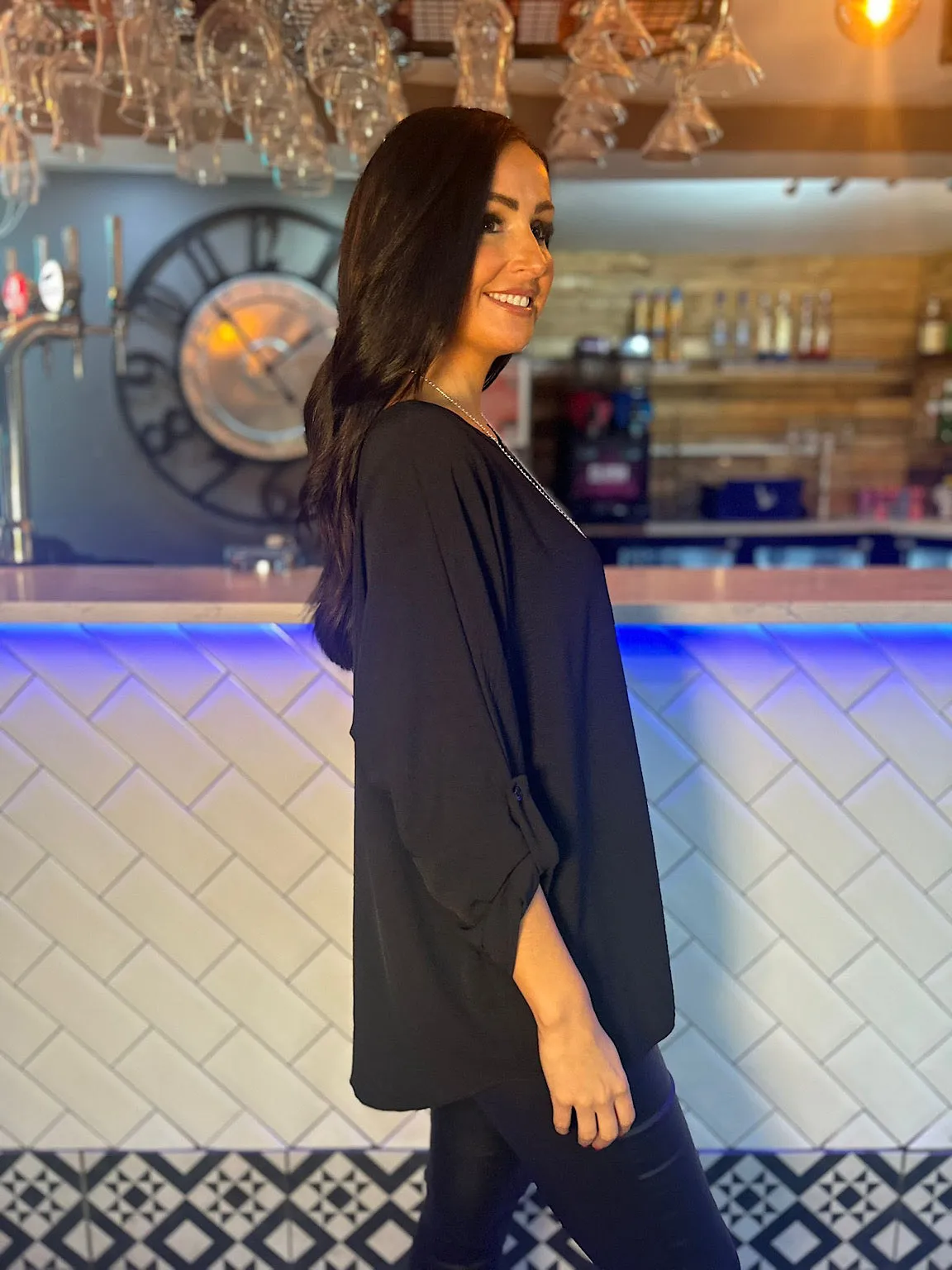 Black Crepe Scoop Neck Blouse Jan