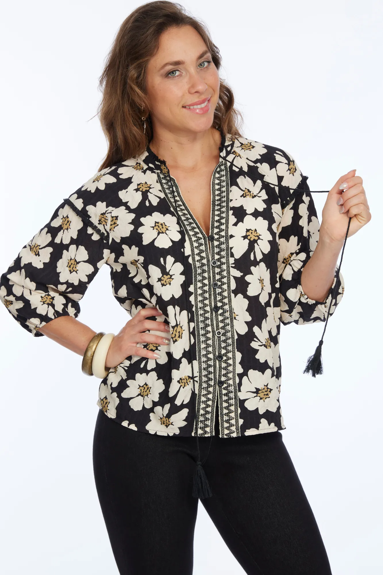 Boho Floral Blouse Mandarin Collar HELENA | LIOR