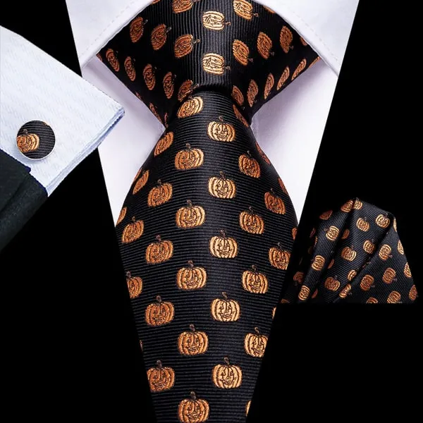 Classy Men Black Gold Pumpkin Silk Tie