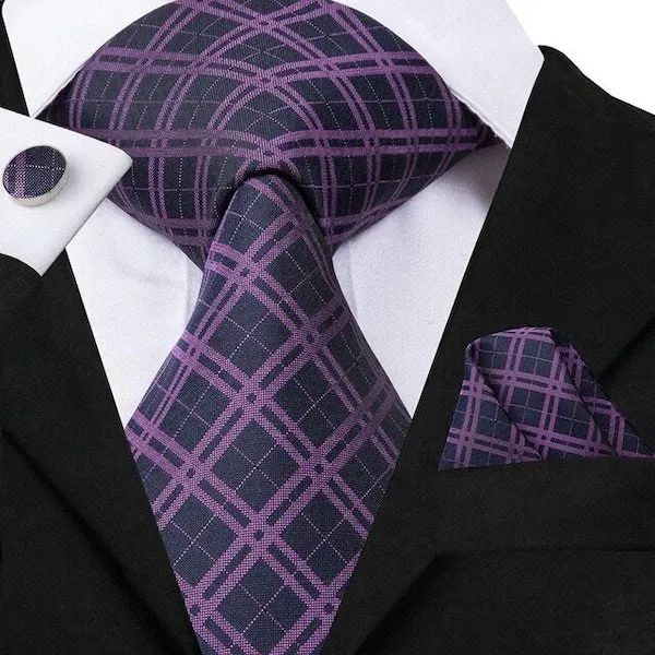 Classy Men Black Purple Tartan Silk Tie