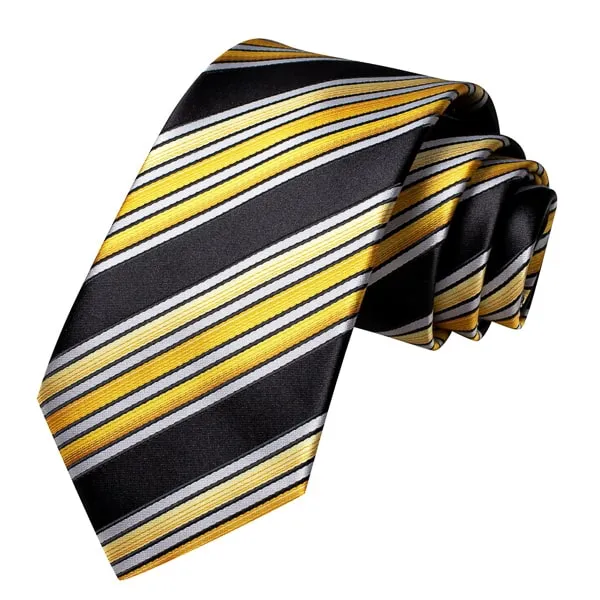 Classy Men Black Yellow White Striped Silk Tie