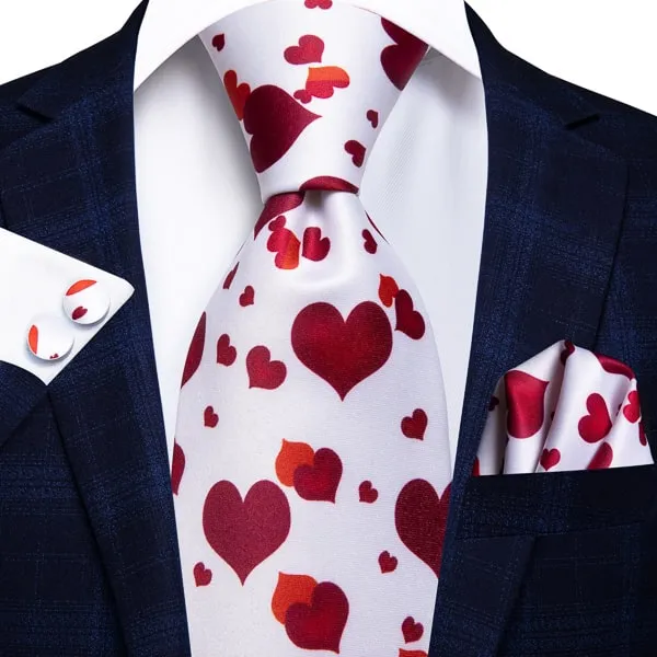 Classy Men White Red Love Heart Silk Tie