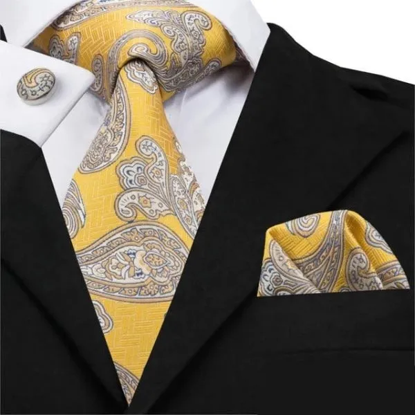 Classy Men Yellow White Paisley Silk Tie