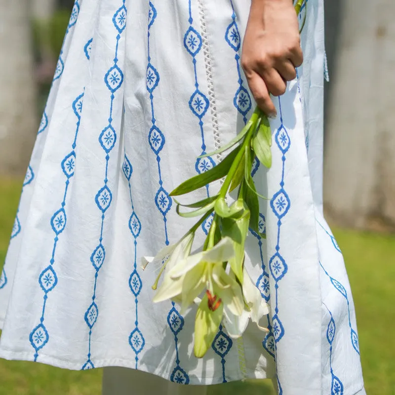 Cotton White Kurta for Women | Back Tie-up | Block Printed