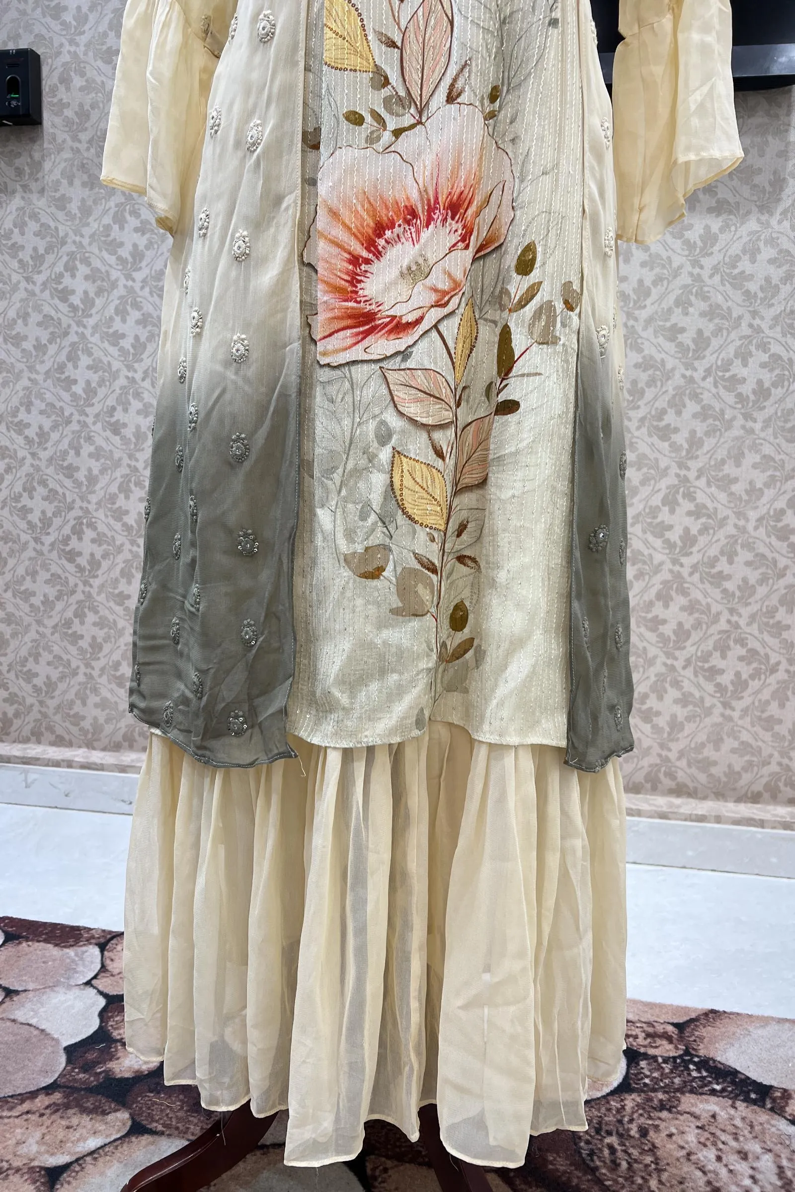 Cream Thread and Sequins work Anarkali Long Kurti with Digital Prints