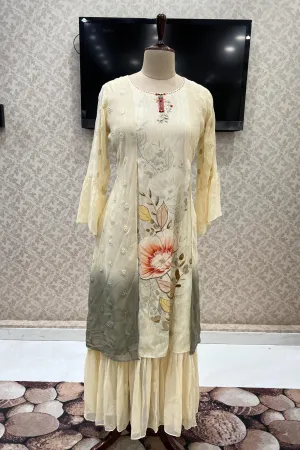 Cream Thread and Sequins work Anarkali Long Kurti with Digital Prints