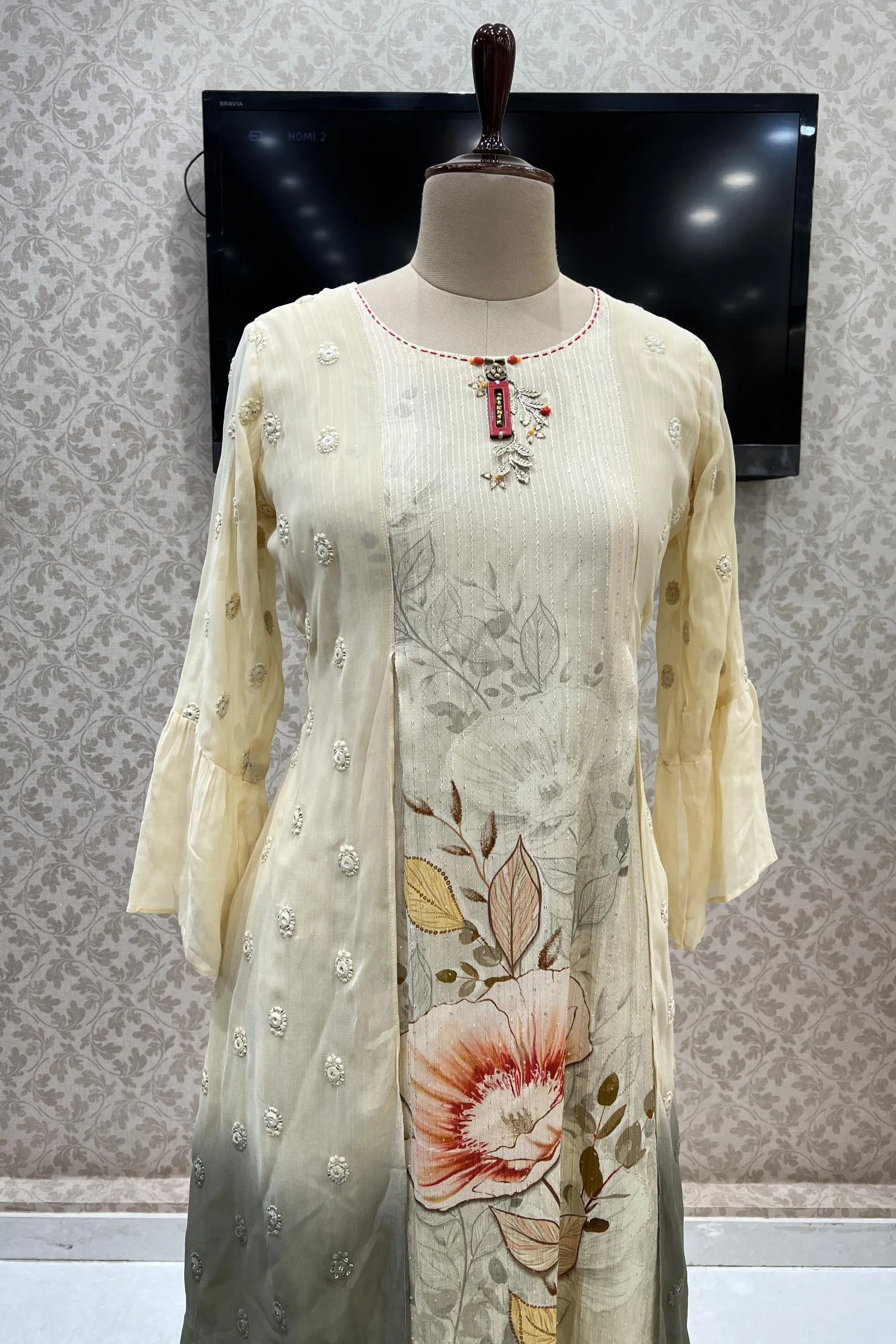 Cream Thread and Sequins work Anarkali Long Kurti with Digital Prints