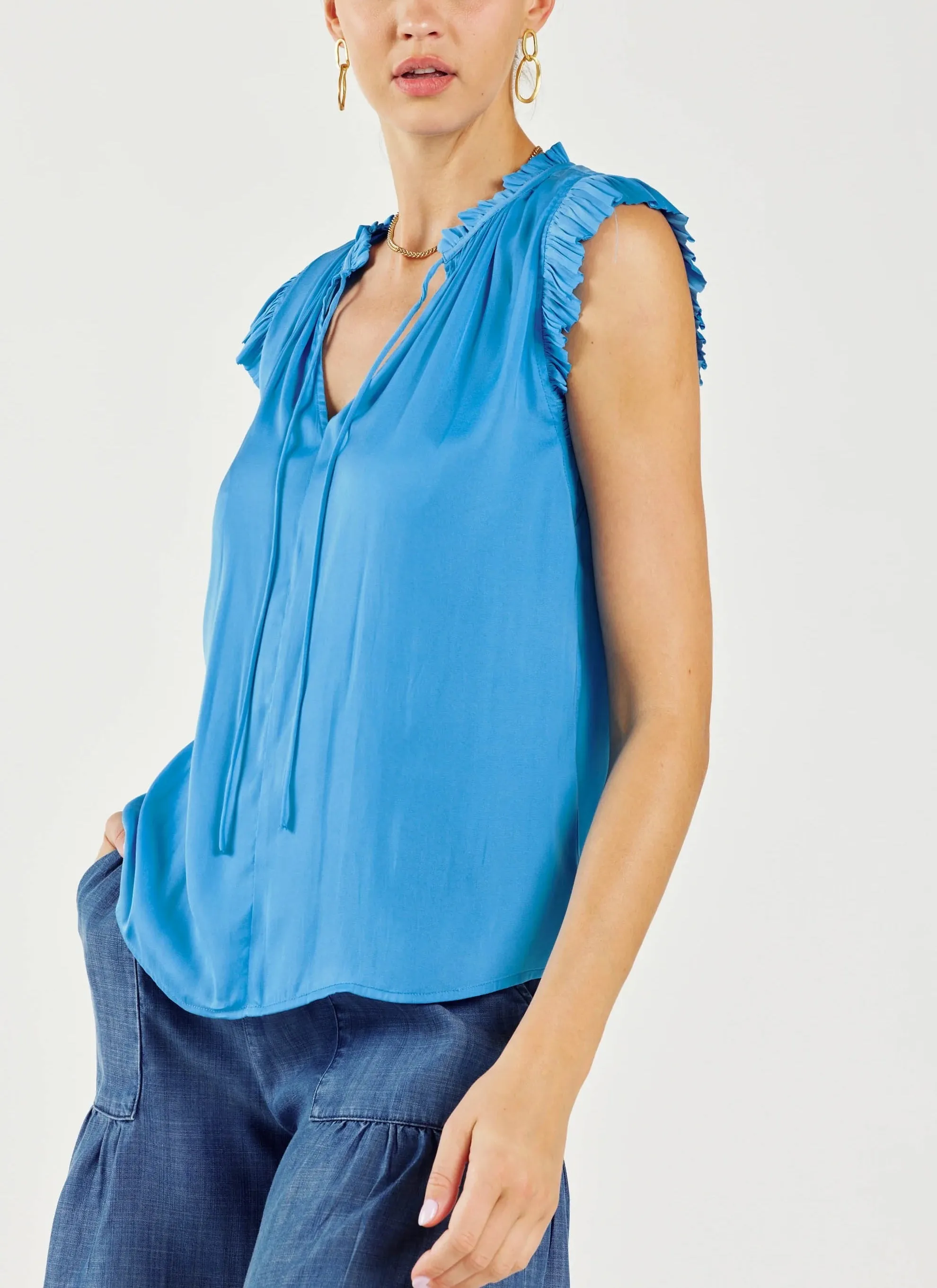 Current Air Pleated Sleeve Ruffle Blouse