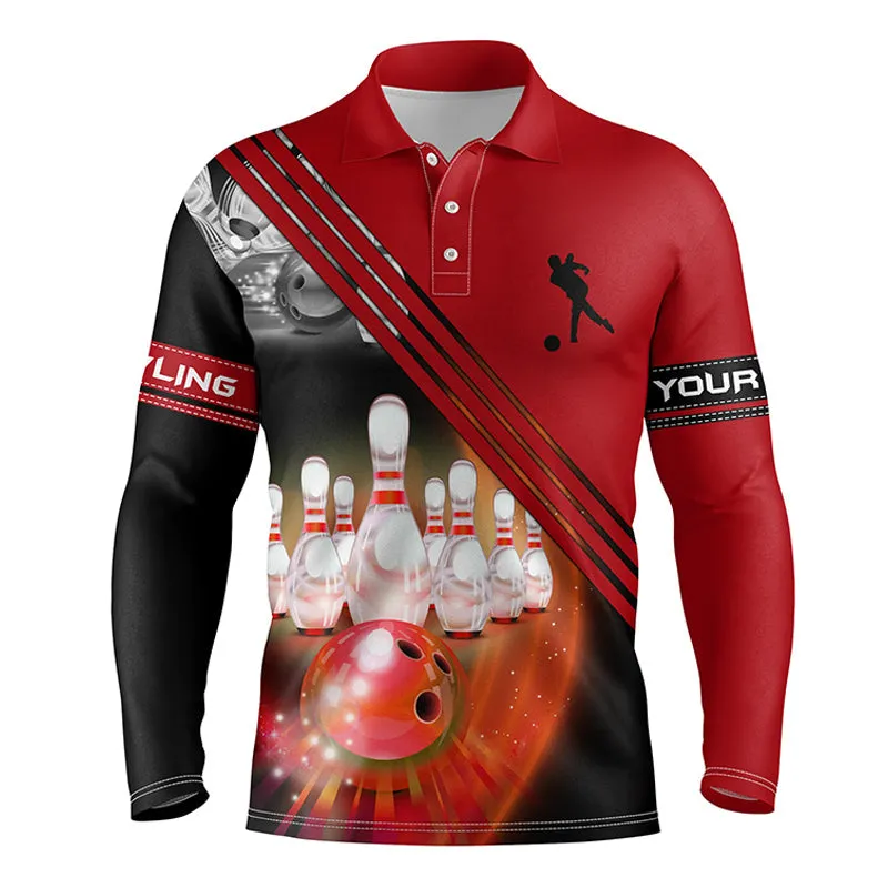 Custom Bowling Shirts For Men Bowling Ball And Pins Team Long Sleeve Polo Shirt, Custom Bowling Jerseys