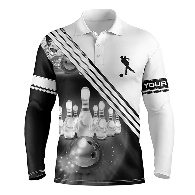 Custom Bowling Shirts For Men Bowling Ball And Pins Team Long Sleeve Polo Shirt, Custom Bowling Jerseys