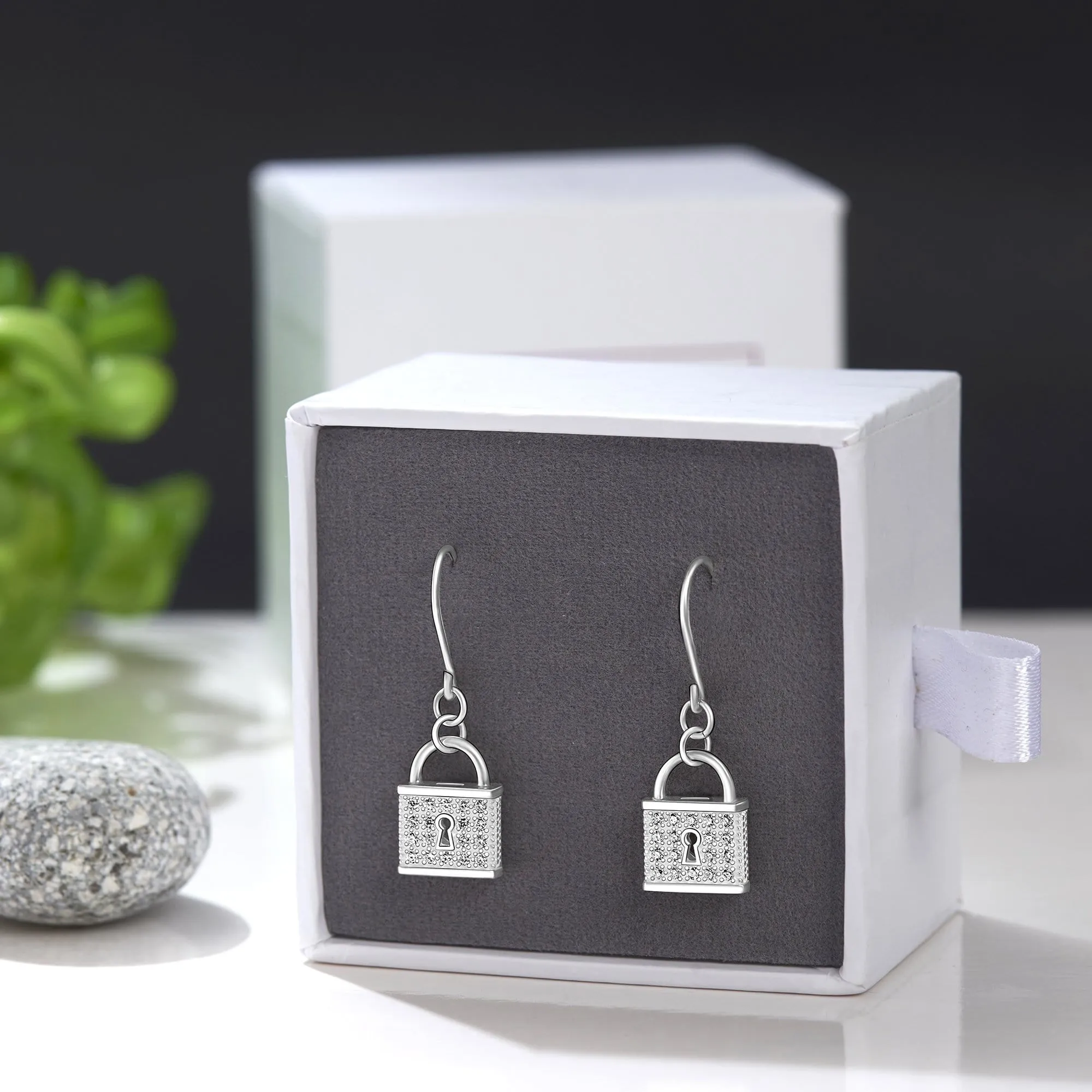 CZ Lock Earrings Silver