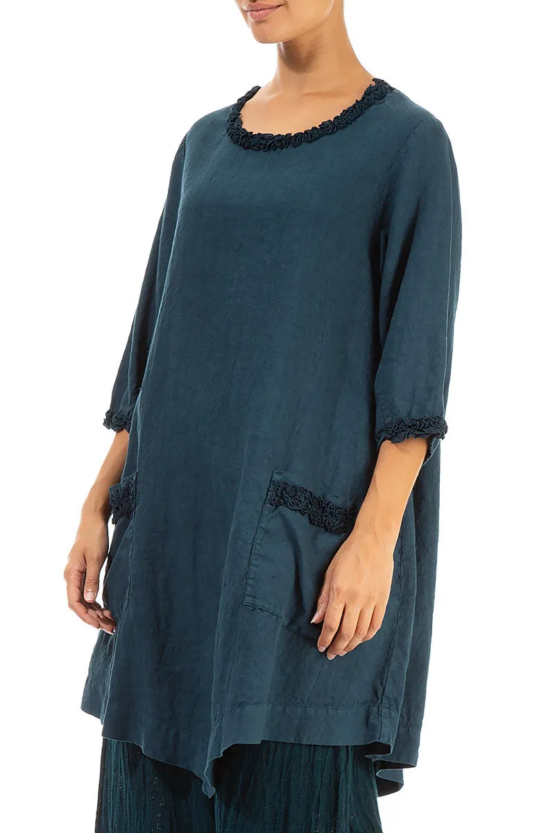 Decorated Dark Navy Linen Tunic