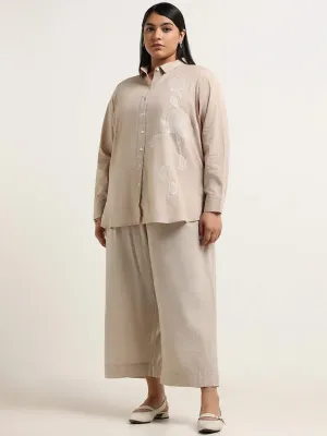 Diza Beige Embroidered Blended Linen Shirt