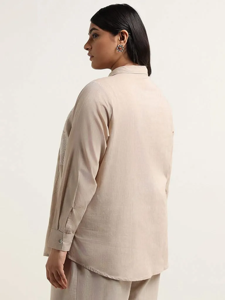 Diza Beige Embroidered Blended Linen Shirt