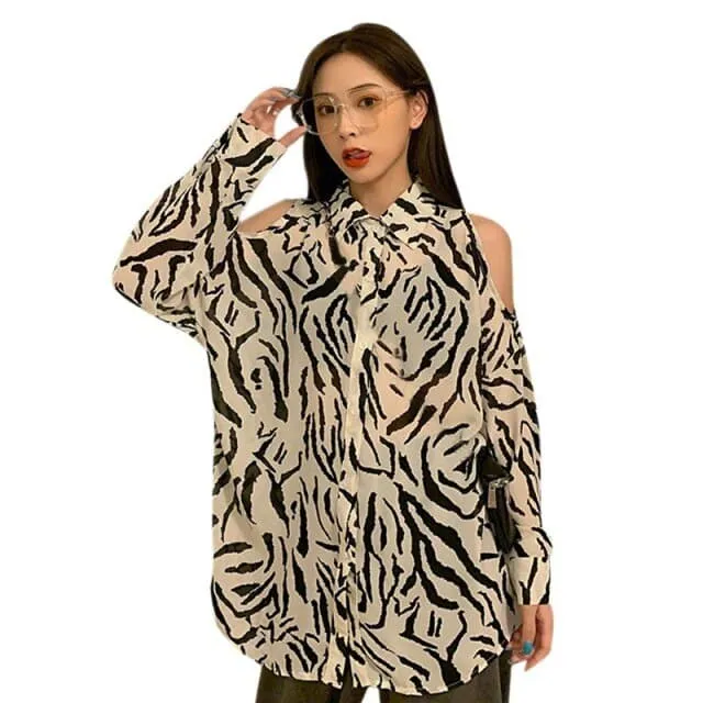 DressBetty - Women Printed Shirt Off The Shoulder Sexy Blouses Loose Long-sleeved Shirt Retro Female Blouses