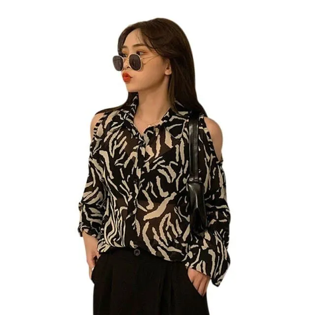 DressBetty - Women Printed Shirt Off The Shoulder Sexy Blouses Loose Long-sleeved Shirt Retro Female Blouses