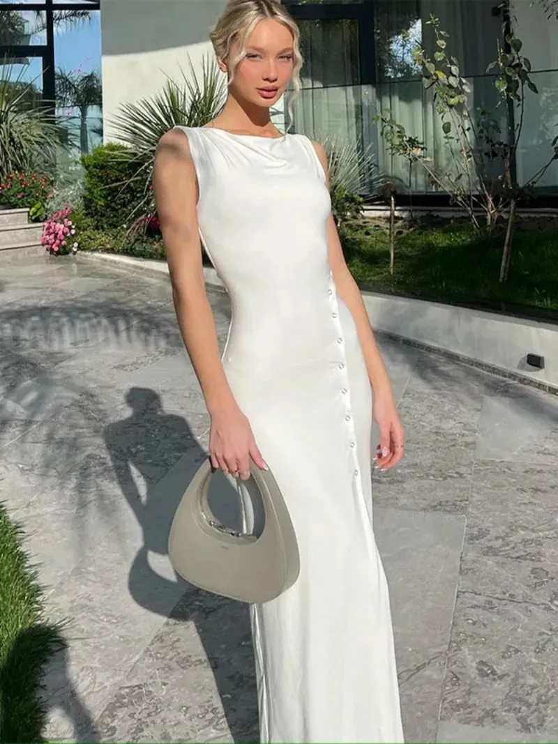 Girlary 2024 Spring Fashion Women White Buttons High Slit Tank Dresses Elegant Office Lady Sleeveless Tunics Slim Long Dress Streetwear