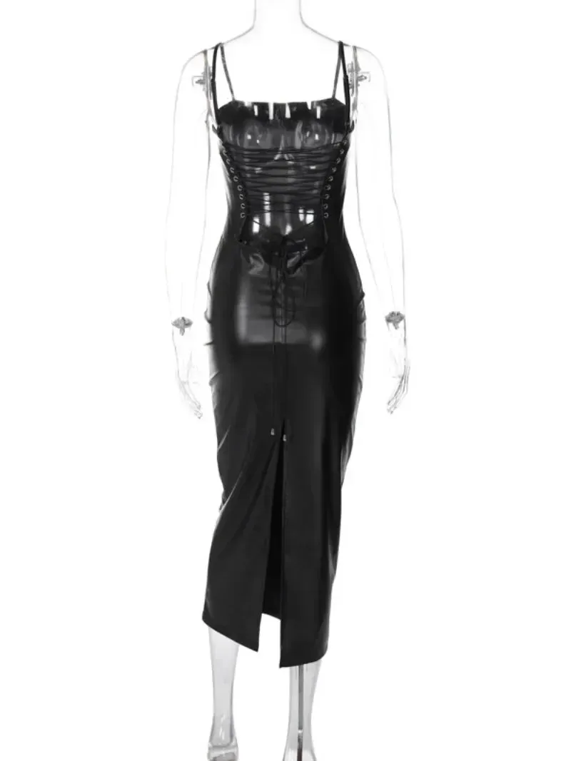 Girlary 2024 Streetwear Bandage Backless Mid-calf PU Leather Slip Dreesses Women Sexy Elegant Sleeveless Tunics Slim Slit Party Dress