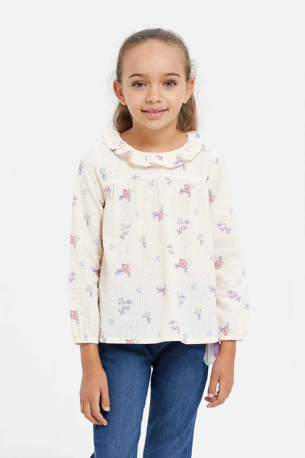 Girls Lilac With Frill Printed Blouse