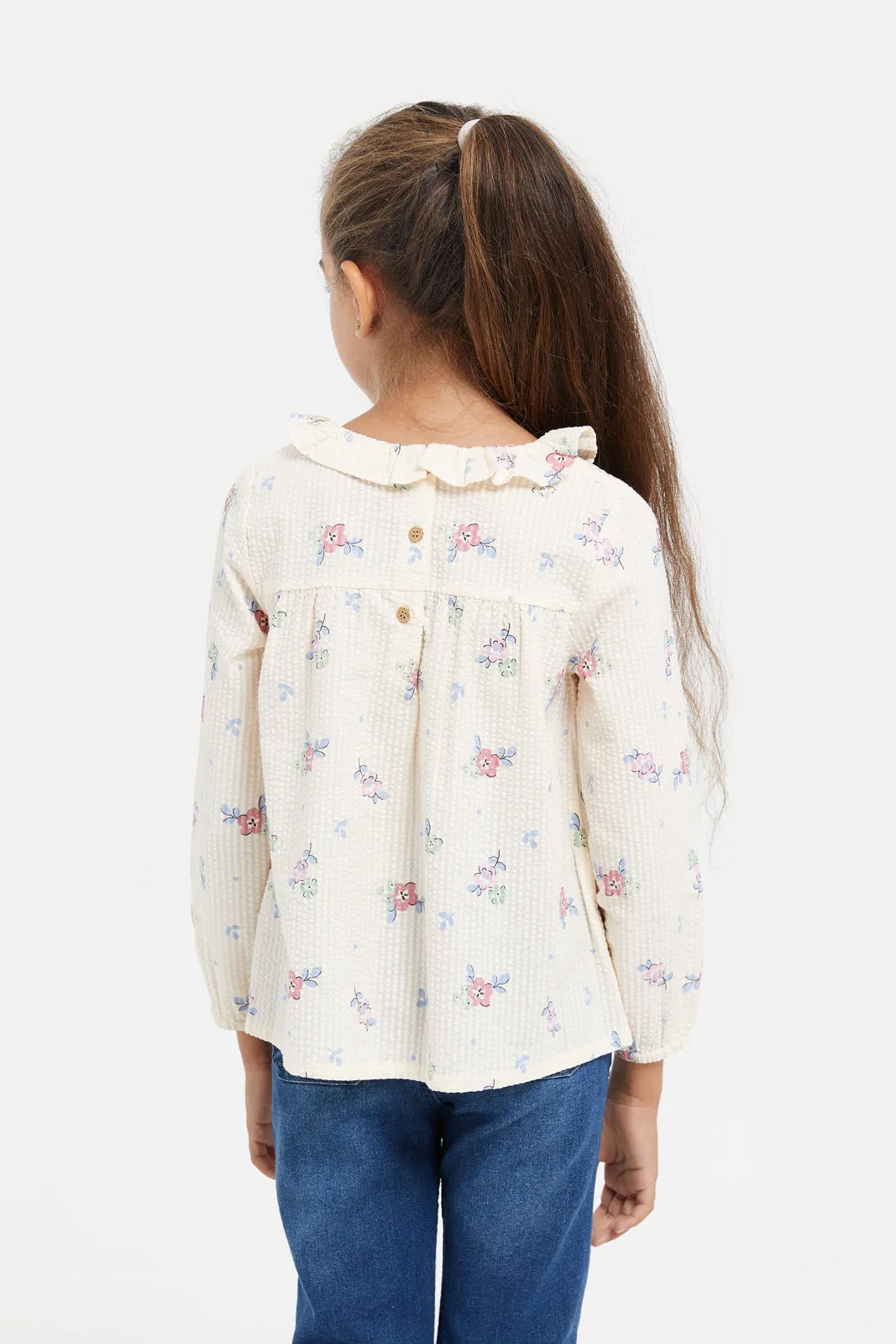 Girls Lilac With Frill Printed Blouse