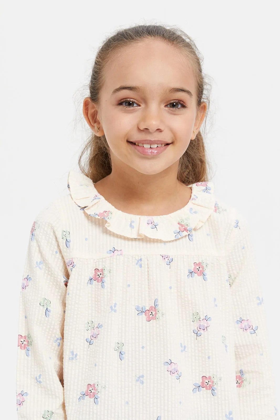 Girls Lilac With Frill Printed Blouse