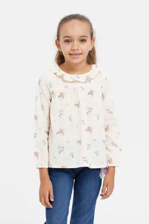 Girls Lilac With Frill Printed Blouse