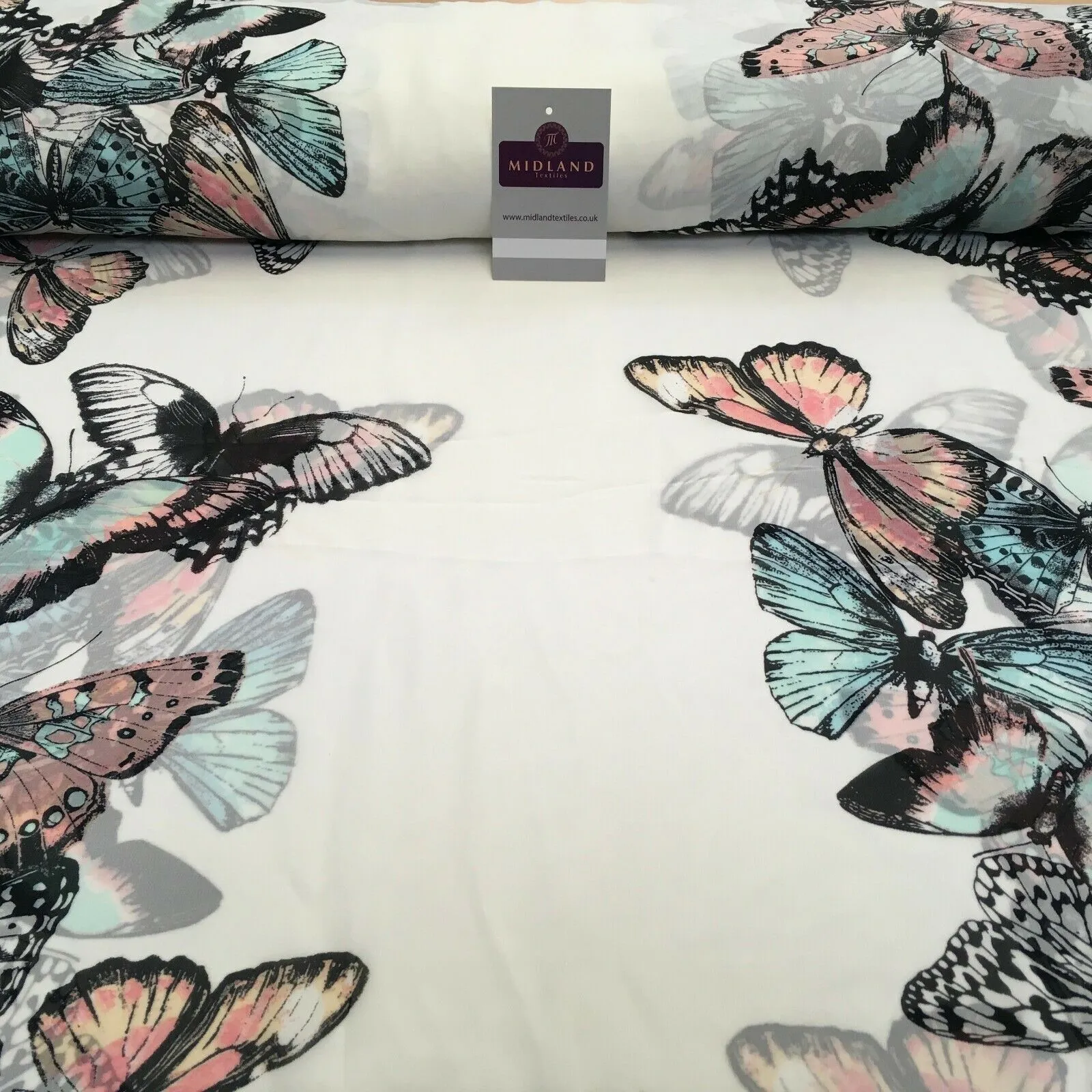 Green, Peach and Ivory Butterfly Printed Chiffon Fabric 150cm MK1084-6