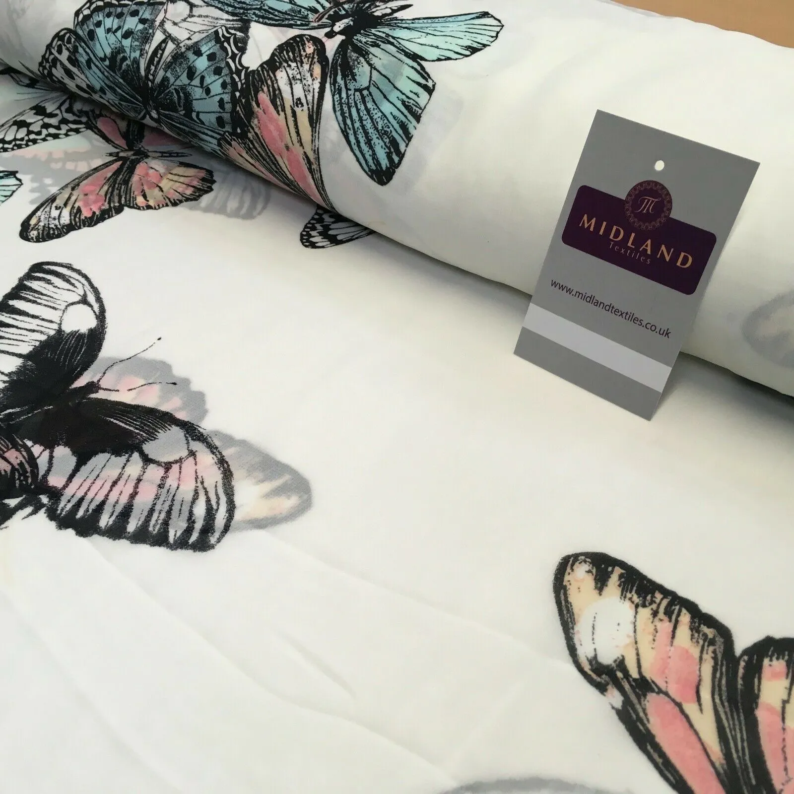 Green, Peach and Ivory Butterfly Printed Chiffon Fabric 150cm MK1084-6