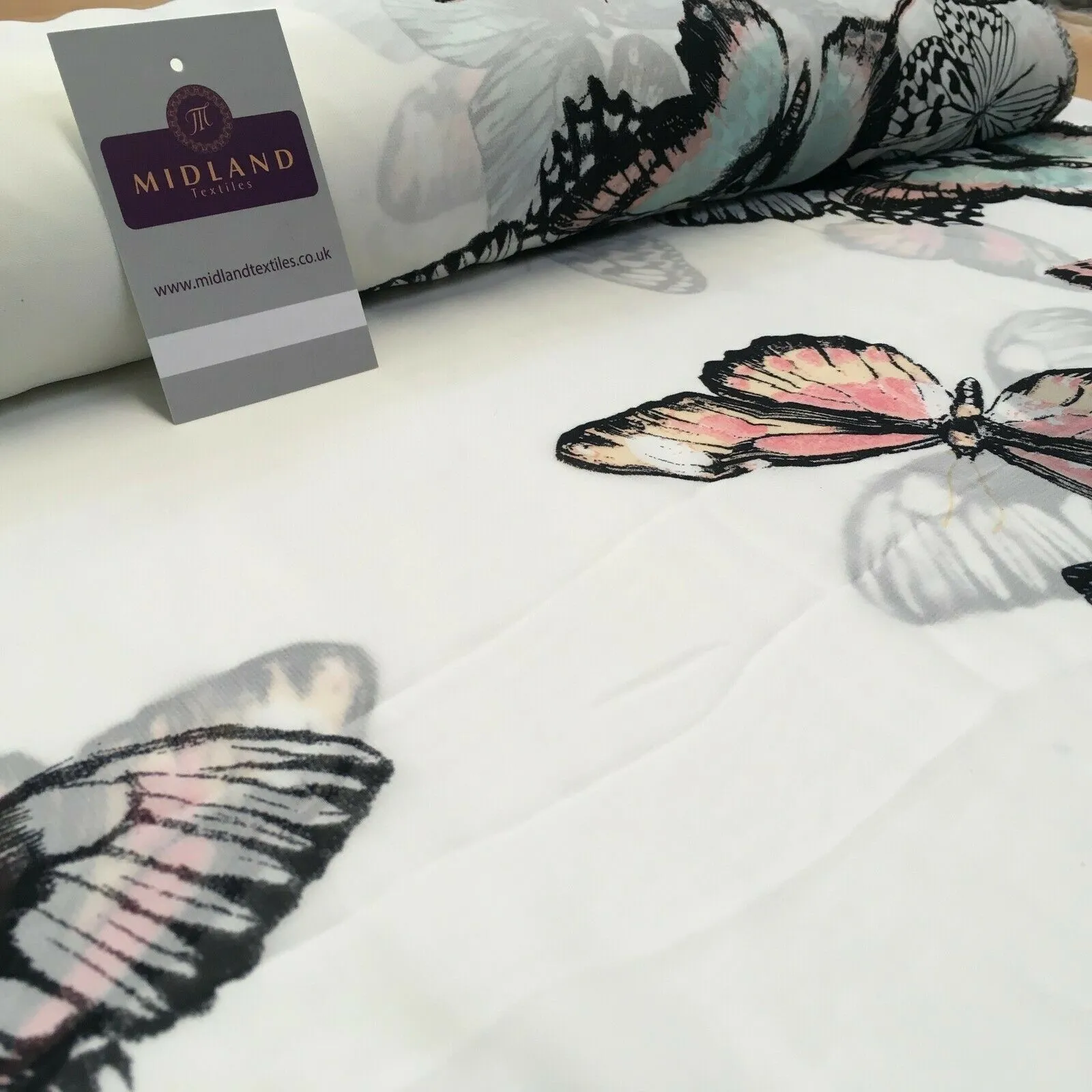 Green, Peach and Ivory Butterfly Printed Chiffon Fabric 150cm MK1084-6