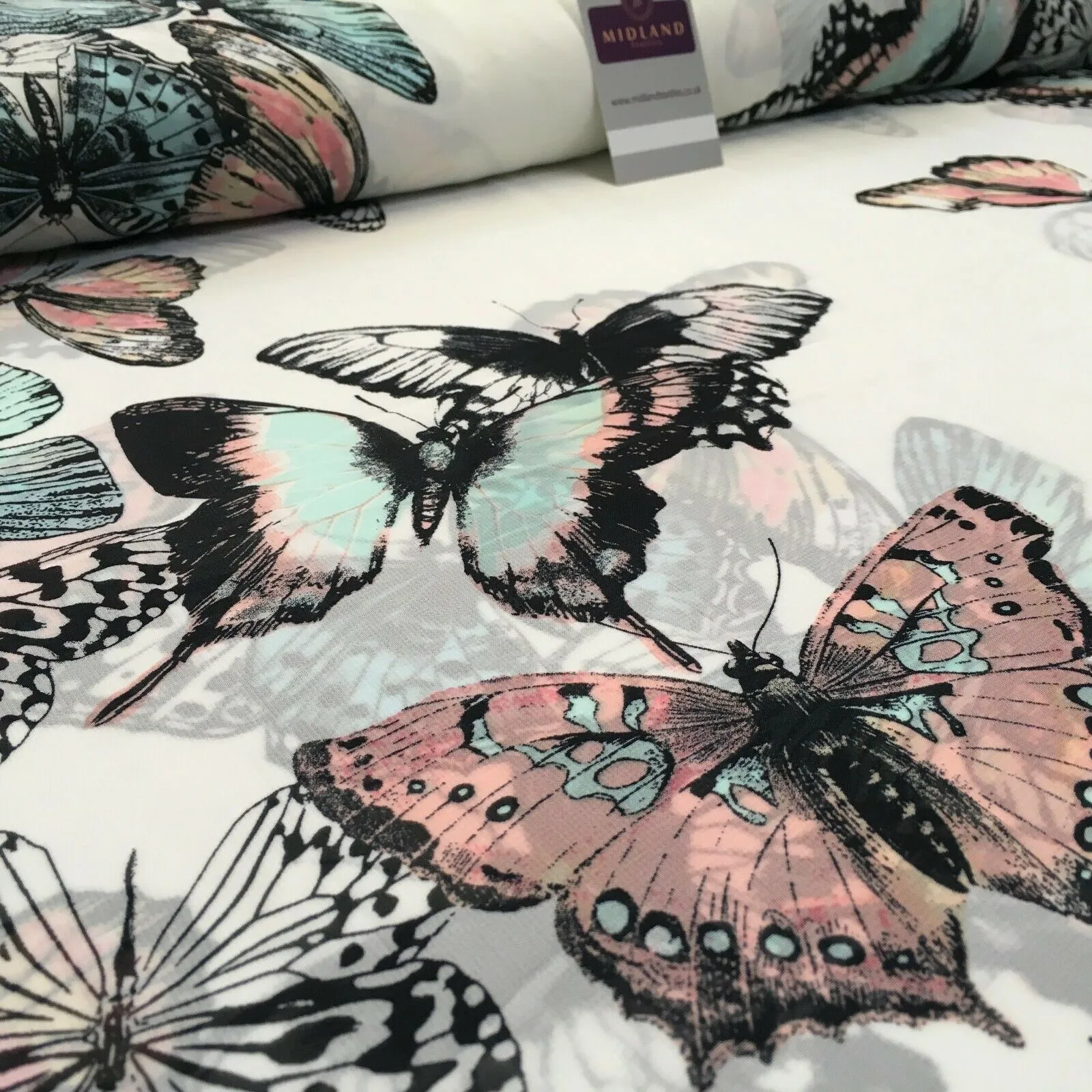 Green, Peach and Ivory Butterfly Printed Chiffon Fabric 150cm MK1084-6