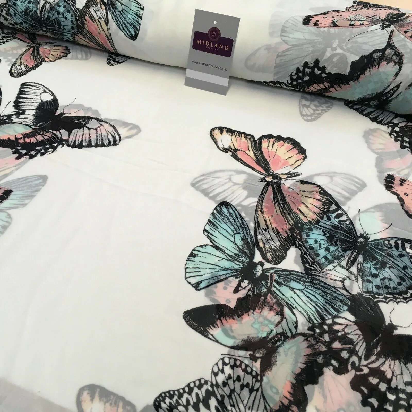 Green, Peach and Ivory Butterfly Printed Chiffon Fabric 150cm MK1084-6