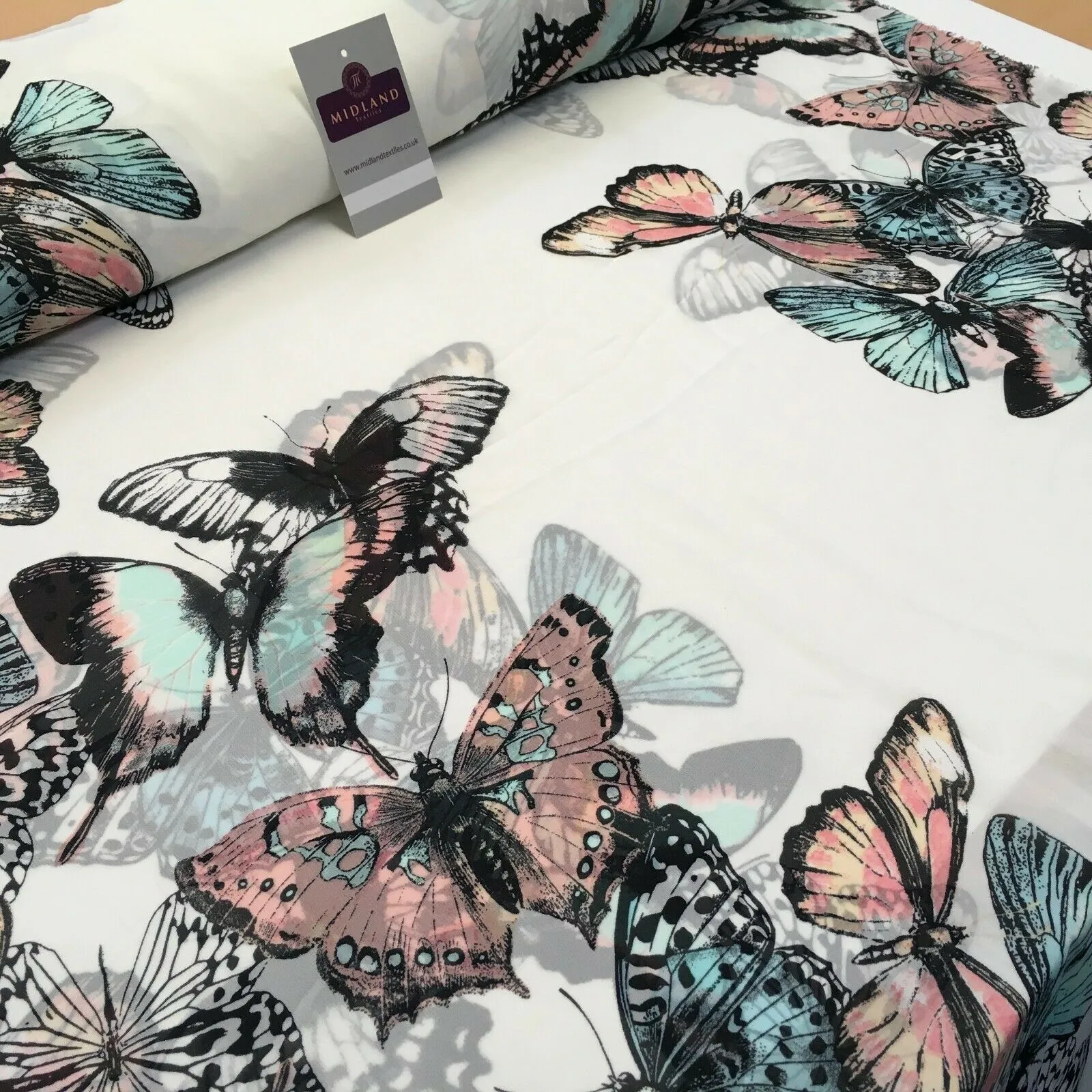 Green, Peach and Ivory Butterfly Printed Chiffon Fabric 150cm MK1084-6