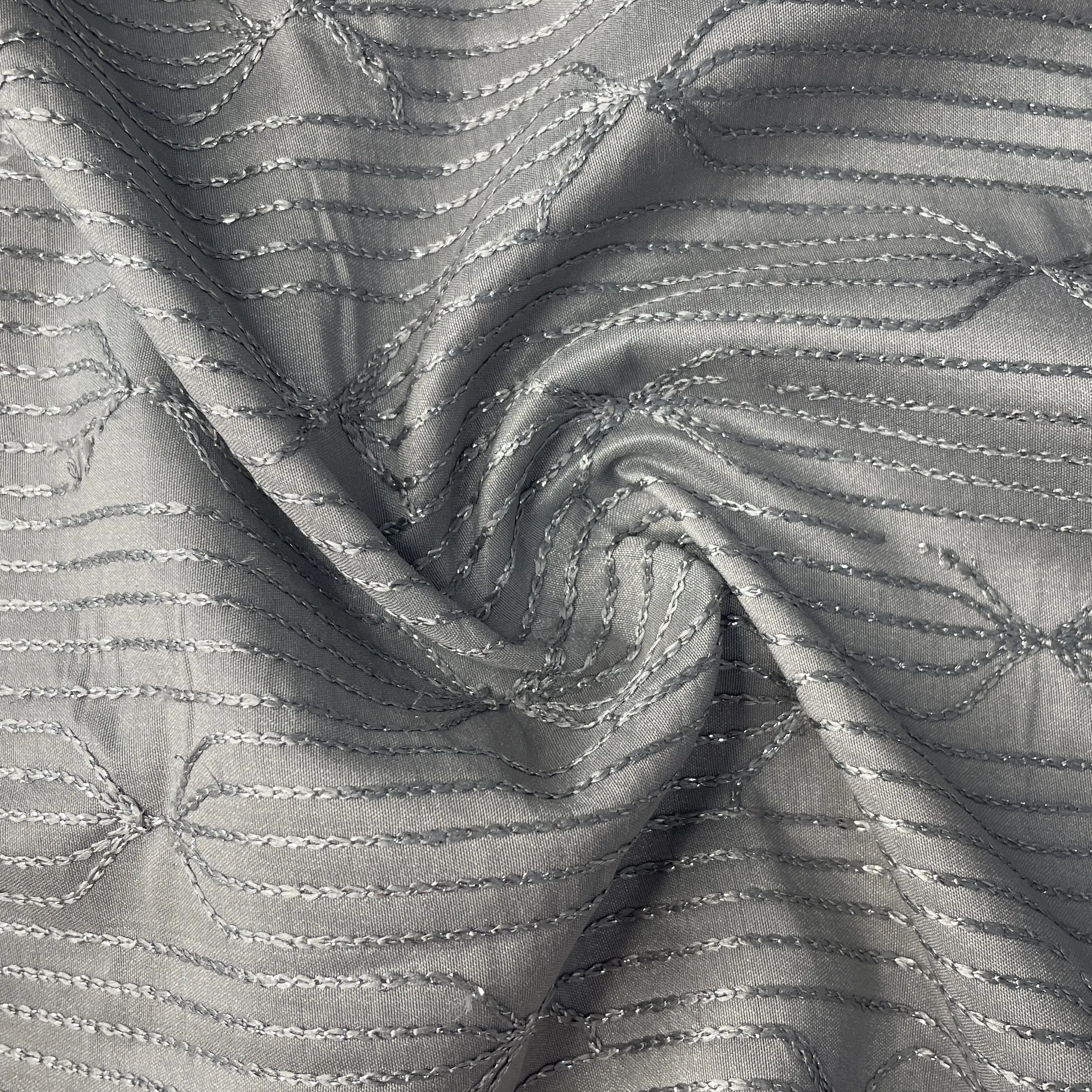 Grey Thread Embroidery Russian Silk Fabric 19539