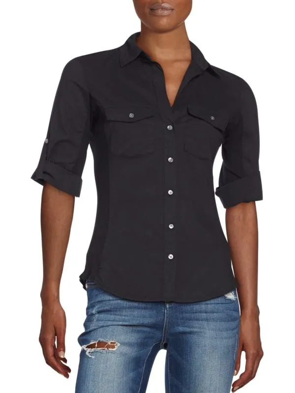 James Perse Ribbed Front Top Button Down Shirt, Black