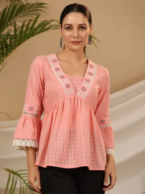 Jashvi Peach Floral Embroidered Peplum Intricate Kantha Work Tunic With Lace