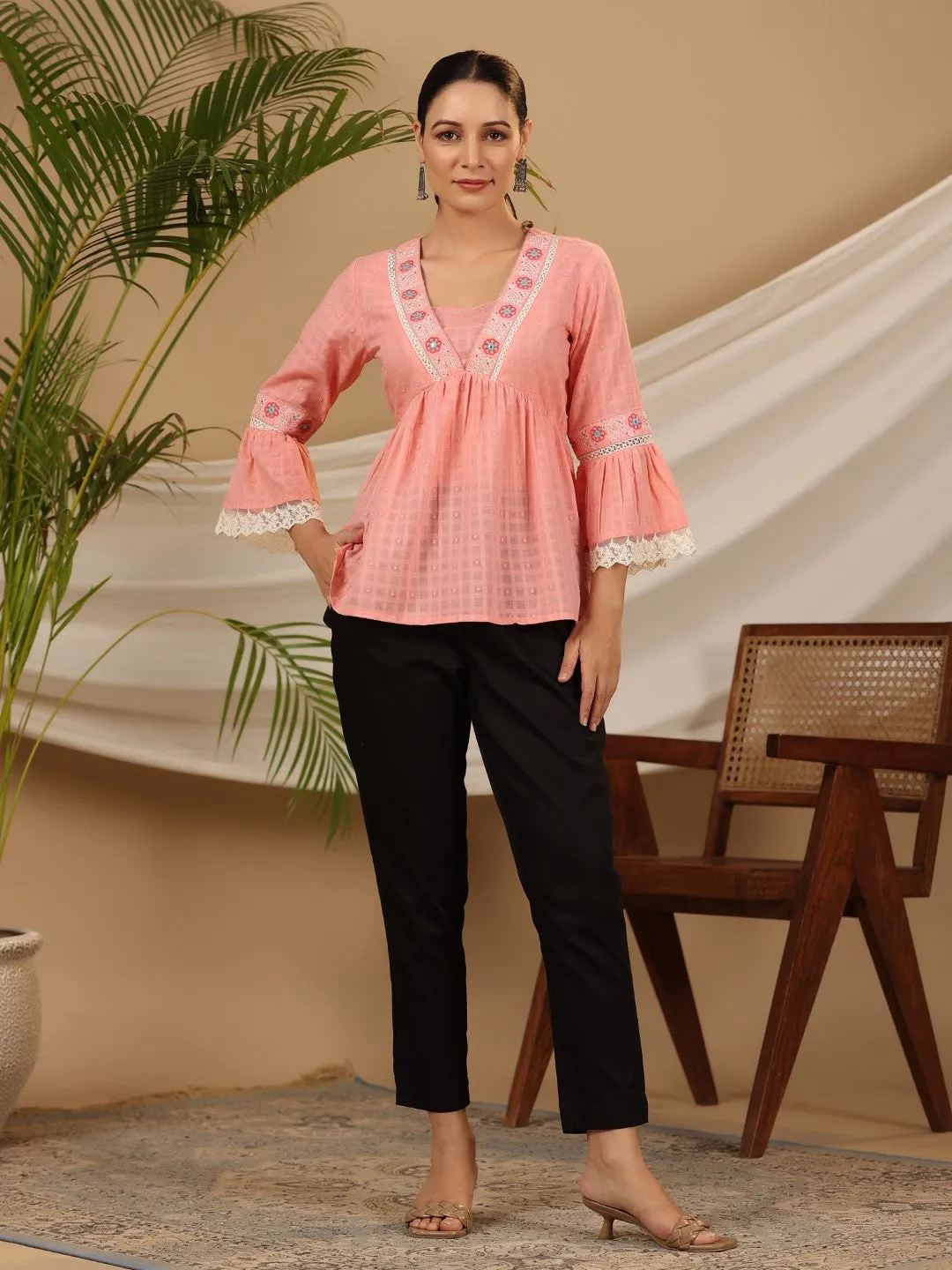 Jashvi Peach Floral Embroidered Peplum Intricate Kantha Work Tunic With Lace