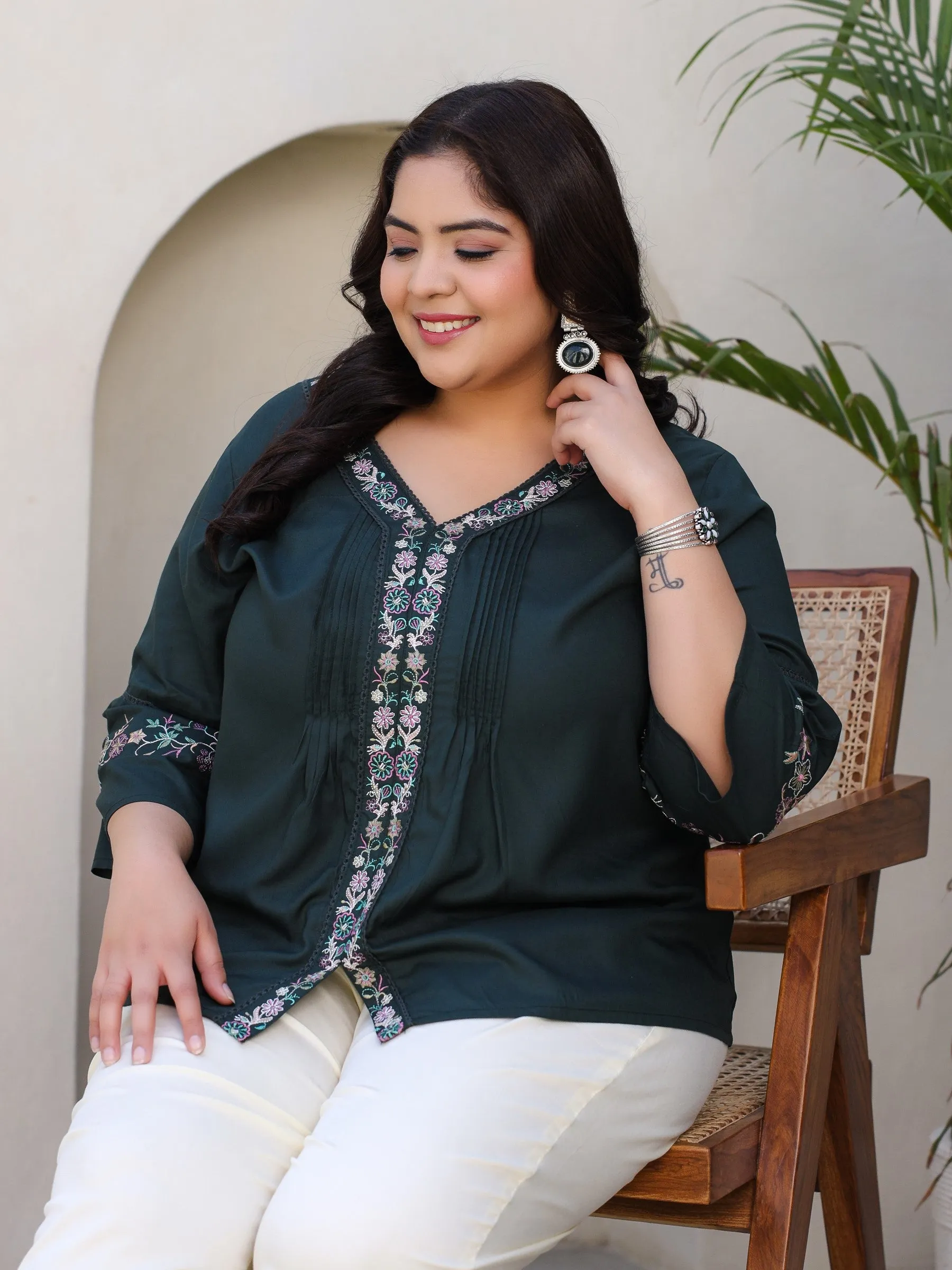 Juniper Green Modal Rayon Embroidered Plus Size Tunic With Pintucks At Front