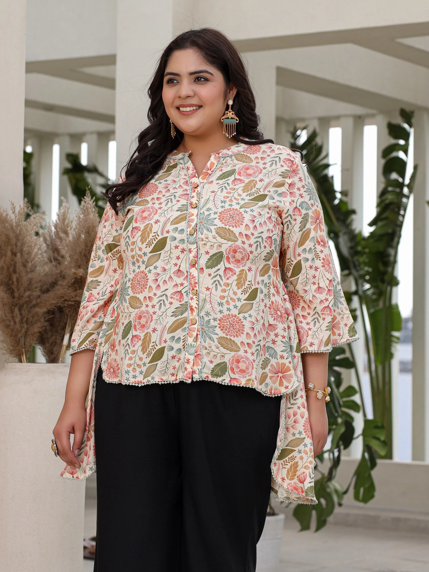 Juniper Ivory Floral Printed Rayon High-Low Plus Size Tunic With Lace