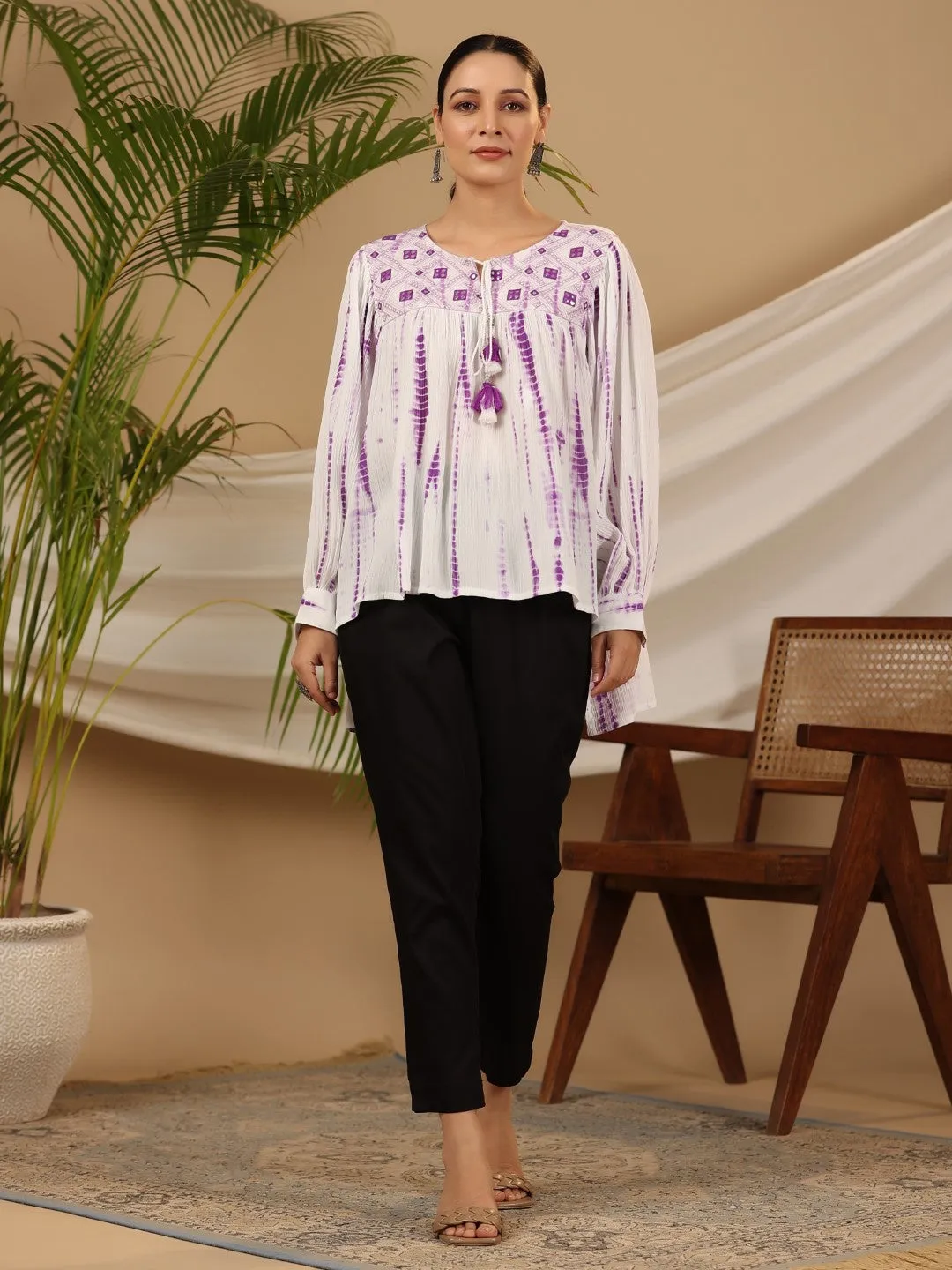 Juniper Lavender Mirror Embroidered Rayon Crepe Tie-Dye Tunic With Tassels