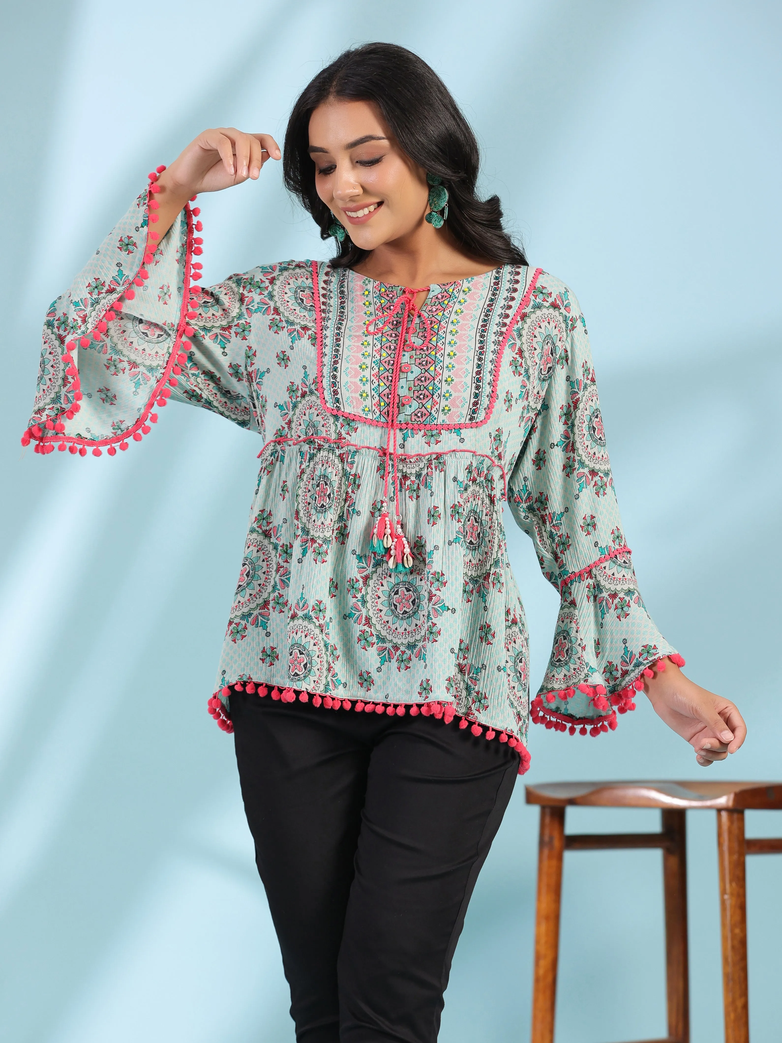 Juniper Mint Women Rayon Crepe Ethnic Motif Printed Peplum Tunic With Beadwork