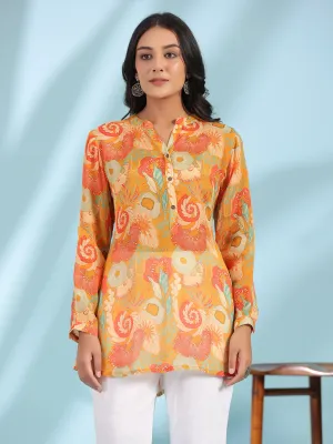 Juniper Mustard Abstract Printed Viscose Chinnon Regular Tunic