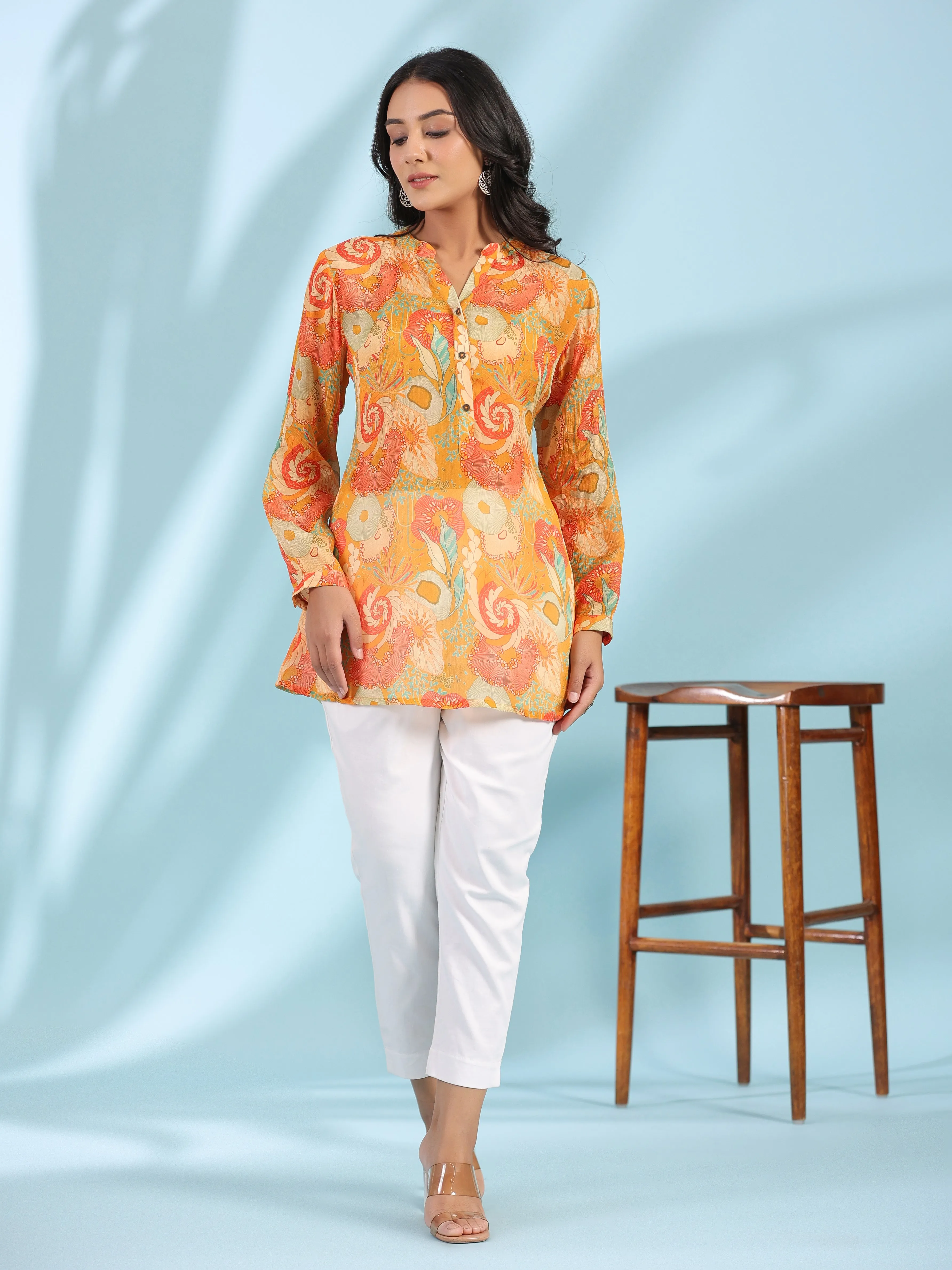 Juniper Mustard Abstract Printed Viscose Chinnon Regular Tunic