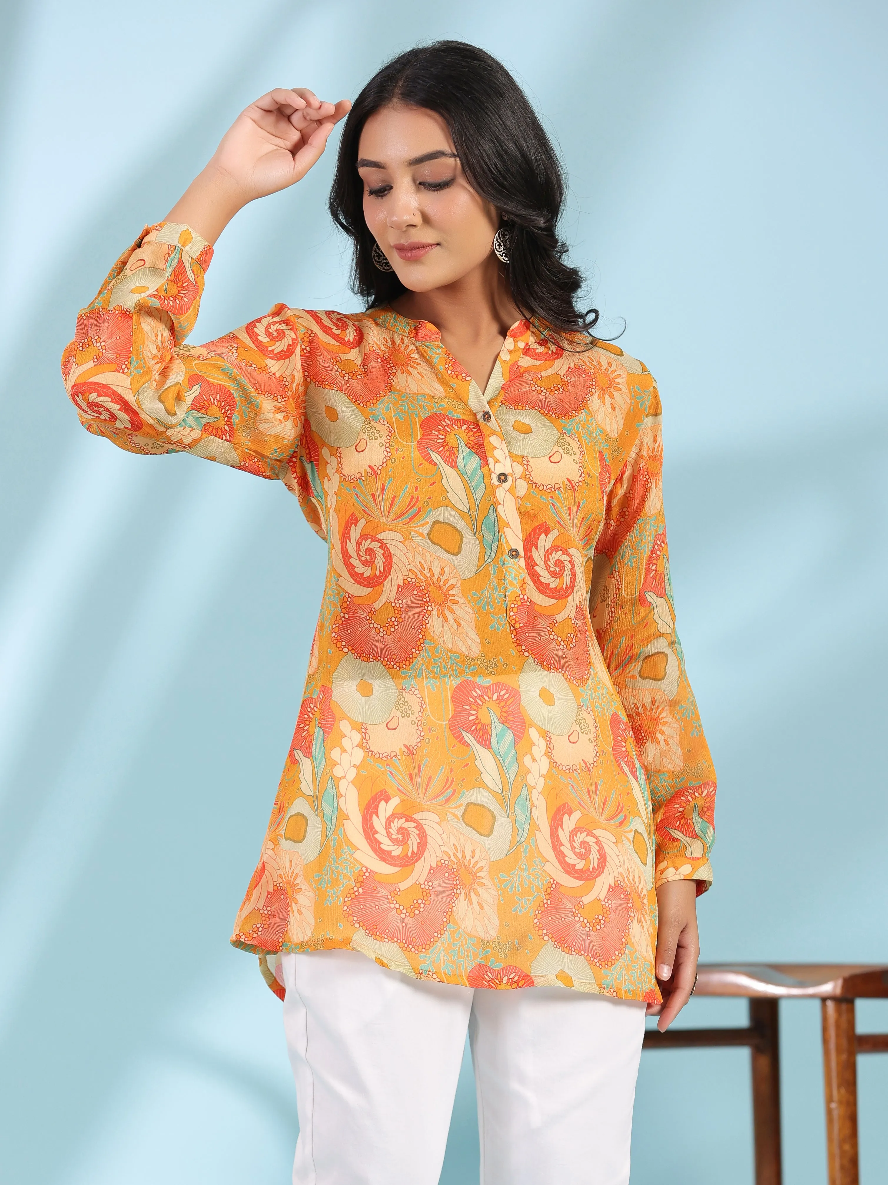 Juniper Mustard Abstract Printed Viscose Chinnon Regular Tunic